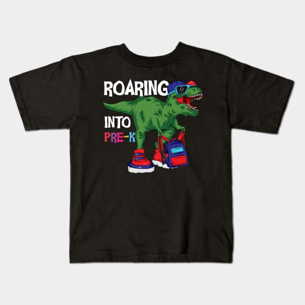 Roaring into Pre K Funny T-rex Backpack graphic boys girls back to school gift Kids T-Shirt by BadDesignCo